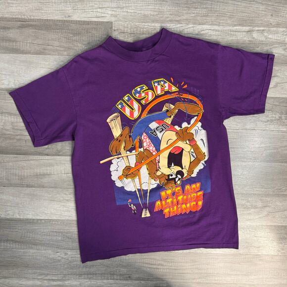 Vintage Taz USA IT'S AN ALTITUDE THING T-Shirt  Purple Single Stitch Size Large - Picture 1 of 8